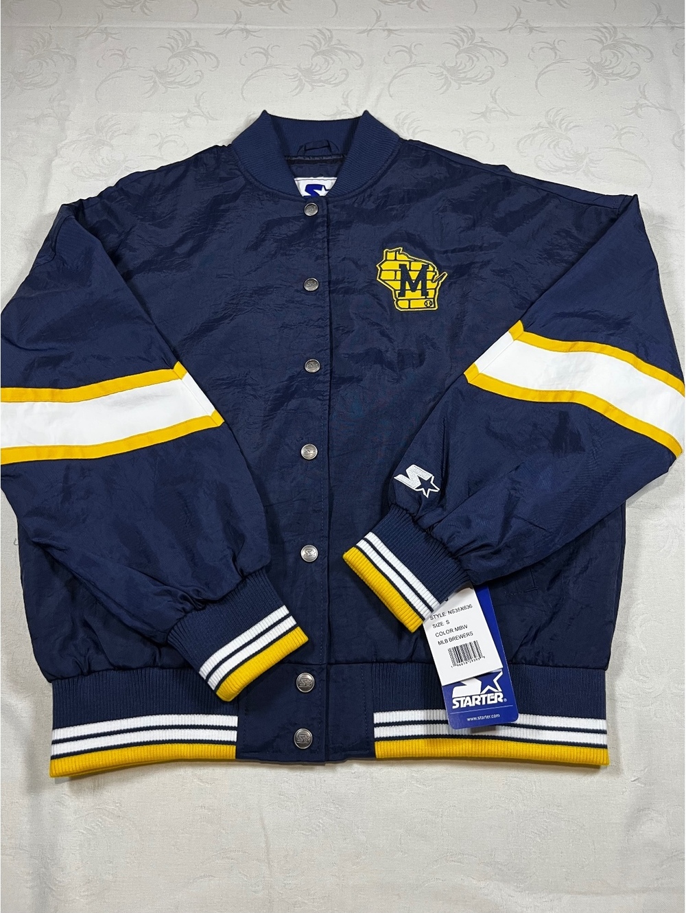 NEW Starter Milwaukee Brewers Full Snap Bomber Jacket Navy Yellow Size Small